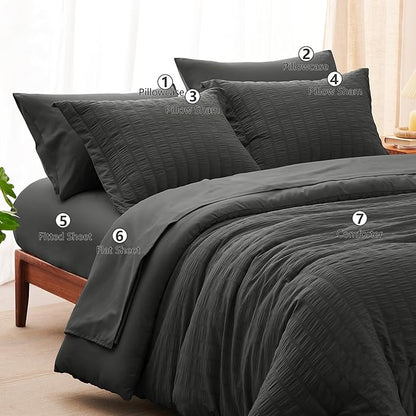 CozyLux Oversized Queen Comforter Set Dark Grey Seersucker 7 Pieces 98x98 Bed in a Bag Comforter Set with Sheets, Luxury Soft Bedding Sets with Down Alternative Comforter, Sheets, Pillowcases & Shams