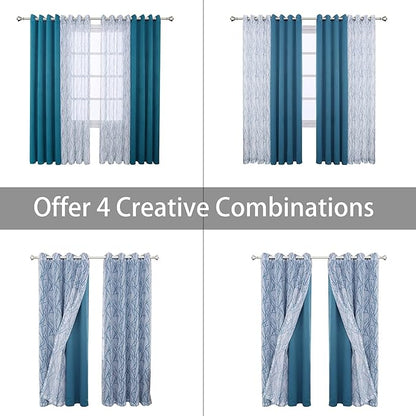 BONZER Mix and Match Curtains - 2 Pieces Branch Print Sheer Curtains and 2 Pieces Blackout Curtains for Bedroom Living Room Grommet Window Drapes, 54x63 Inch/Panel, Teal, Set of 4 Panels