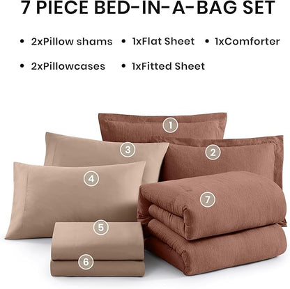 Monbix King Size Comforter Set, Terracotta King Size Bed Set Reversible, King Comforter Set 7 Pieces, Cationic Dyeing Bed in a Bag with Comforter, Sheets, Pillowcases & Shams