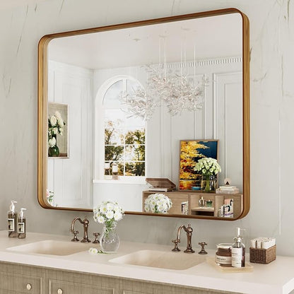 LOAAO 40X24 Inch Bathroom Mirror with Wood Grain Colored Metal Frame, Rounded Rectangle Metal Framed Bathroom Mirror, Anti-Rust, Hangs Horizontally or Vertically