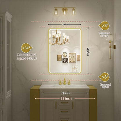 20X28 Inch Framed LED Lighted Bathroom Mirror,Wall Mounted Gold Metal Vanity Mirrors with Lights,Dimmable Illuminated Anti-Fog Mirror(Horizontal/Vertical)
