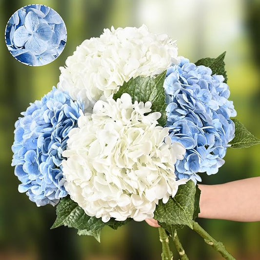 4Pcs Real Touch Hydrangea Artificial Flowers, Blue White Fake Hydrangea Flowers, 21" Lifelike Latex Faux Hydrangea Flowers for Wedding Bouquet Home Decor Centerpieces