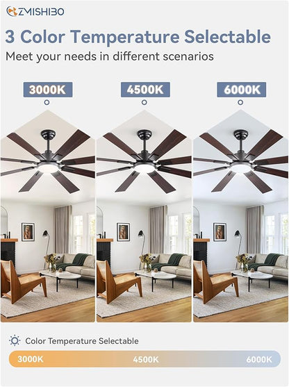 ZMISHIBO 62 inch Large Ceiling Fans with Lights and Remote, Indoor/Outdoor Black Modern Ceiling Fan for Kitchen Living Room Patio, 6 Speed Reversible Quiet DC Motor, 3 CCT, Dual Finish 8 Blades