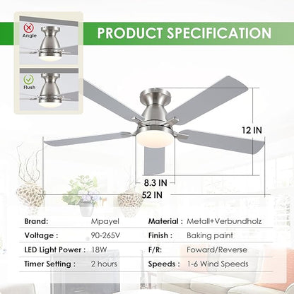 Ceiling Fans with Lights, 52" Flush Mount Ceiling Fan with Light and Remote/APP Control, Low Profile, Modern Ceiling Fan Reversible, Dimmable, Noiseless, Ceiling Fan for Bedroom，Brushed Nickel