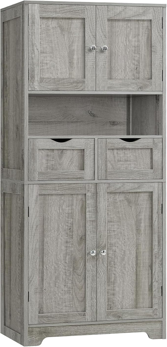Iwell Tall Storage Cabinet with Adjustable Shelf, Bathroom Cabinet with 2 Drawers, Linen Cabinet for Living Room, Grey
