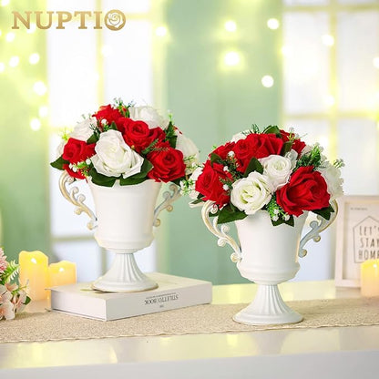 NUPTIO Pcs of 2 Fake Flower Ball Arrangement Bouquet,15 Heads Plastic Roses with Base, Suitable for Our Store's Wedding Centerpiece Flower Rack for Parties Valentine's Day Home Décor (Red & White)
