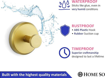 HOME SO Suction Cup Hooks for Shower, Bathroom, Kitchen, Glass Door, Mirror, Tile – Loofah, Towel, Coat, Bath Robe Hook Holder for Hanging up to 15 lbs – Waterproof, Matte Brushed Satin Gold (4-Pack)