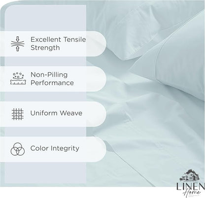 Linen Home 100% Cotton Percale Sheets Queen Size, Blue Duck Egg, Deep Pocket, 4 Pieces Set - 1 Flat, 1 Deep Pocket Fitted Sheet and 2 Pillowcases, Crisp Cool and Strong Bed Linen