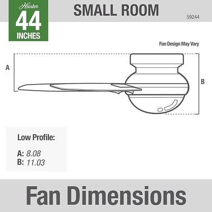 Hunter 44 inch Indoor Ceiling Fan with LED Light and Remote Control - White Modern Ceiling Fan, Low Profile Mount, 4 Blades, For Bedroom, Living Room, or Kitchen, Quiet - Dempsey 59244, Fresh White