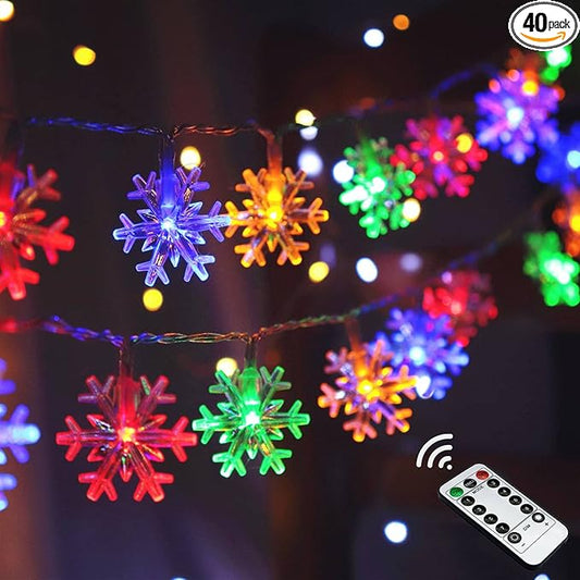 Christmas Lights Multicolor, 20 FT 40 LED Multi Colored Snowflake String Lights, Battery Operated 8 Modes Colorful Holiday Hanging Lights, Bedroom Room Xmas Tree Decor Indoor Outdoor Decorations
