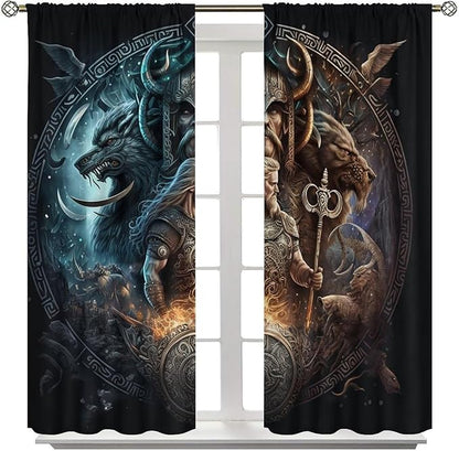 Cool Norse Viking Theme Curtains,Fantasy Ancient Symbols Wildlife Wolf Nordic Vikings Window Treatments Thermal Insulated Rod Pocket Blackout Drapes for Bedroom 2 Panels 63L x 42W