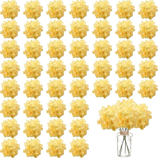 100PCS Artificial Hydrangea Flowers, Fake Flowers Silk Hydrangea Full Flowers Heads with Stems for Wedding Home Party Shop Baby Shower Decor (Yellow Champagne)