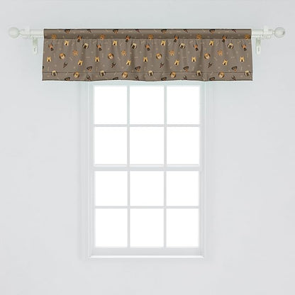 Ambesonne Dog Lover Window Valance Pack of 2, Repetitive Pattern of Pet Heads Paw Prints and Bones, Rod Pocket Curtain Valances for Kitchen Bedroom, 54" X 12", Taupe