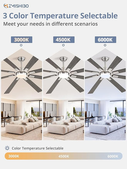 ZMISHIBO 80 inch Brushed Nickel Modern Ceiling Fans with Lights and Remote, Indoor/Outdoor Ceiling Fan for Living Room Patio, 6 Speed Reversible Quiet DC Motor, 3 CCT, Dual Finish Blades