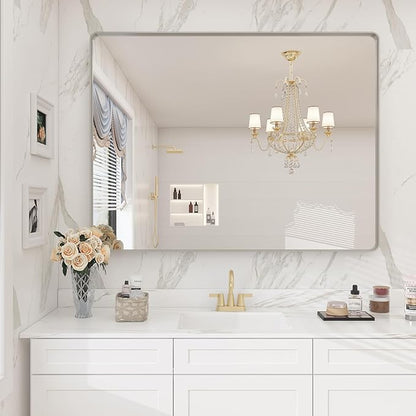 40x30 Silver Brushed Bathroom Mirror for Wall, Brushed Metal Framed Bathroom Vanity Mirror, Modern Rectangle Mirror, Rounded Corners, Shatterproof (Horizontal/Vertical)
