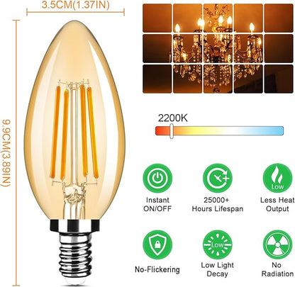 6-Pack Dimmable E12 LED Candelabra Bulbs 40Watt Equivalent, 2200K Amber Warm White, 380Lumens, 4W B11 Amber Chandelier Light Bulbs, LED Filament Clear Glass Candle Lamp for Ceiling Fan Home Decor