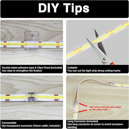 DAYBETTER COB LED Strip Light Tunable White, 32.8ft/10m 6080LEDs White LED Light Strips with Remote, 2700K-6500K Dimmable LED Tape Light, COB LED Lights for Bedroom Kitchen Under Cabinet DIY Lighting