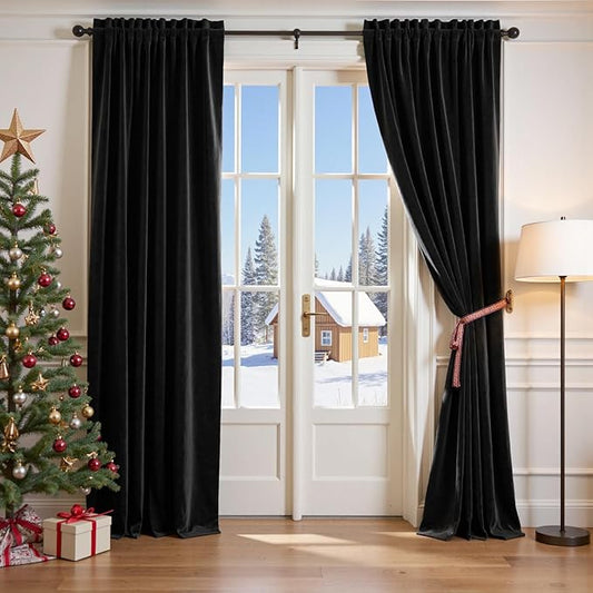 Lazzzy Velvet Blackout Curtains Thermal Insulated Room Window Drapes Super Soft Luxury Curtains for Living Room Bedroom Rod Pocket 2 Panels, Black, 52" W x 108" L