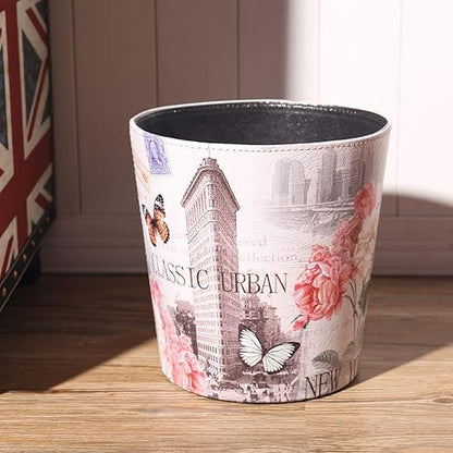 PU Leather Small Trash Can Wastebasket, Round Garbage Container Basket for Bathrooms, Laundry Room, Kitchens, Offices, Kids Rooms, Bedrooms,Dorms,Home Decorative Art Bin, 2.9 Gallon(Classic Urban)