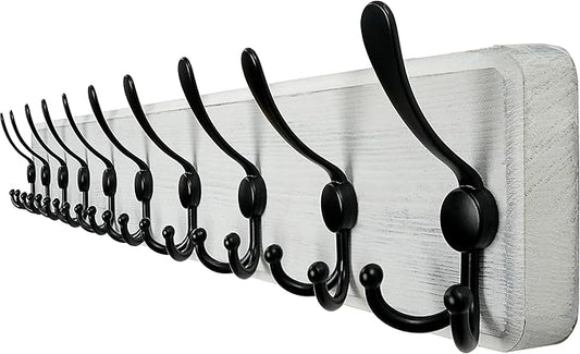 WEBI Coat Rack Wall Mount,38 9/16" Long,10 Hooks,Large Coat Hooks Wall Mounted,Coat Hanger Wall,Wood Hook Rack Rail,Triple Hooks for Hanging Coats,Clothes,Jacket,Black/White