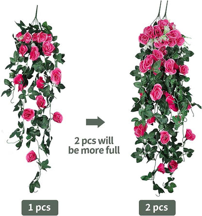 RECUTMS 2PCS Artificial Hanging Flowers 3.3Ft Fake Flower Plants for Home Room Garden Wedding Indoor Outdoor Decoration (Rose Red)