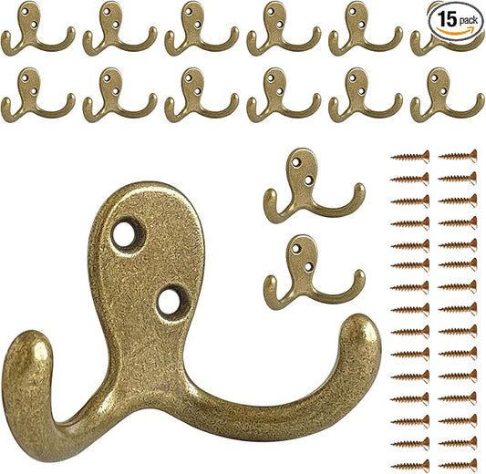 15 Pack Coat Hooks Wall Hooks for Hanging, Heavy Duty Double Prong Metal Hook Wall Mounted for Living Room, Bathroom, Kitchen, Bedroom for Coat, Bag, Scarf, Towel, Hat, Key, Cup (Bronze)
