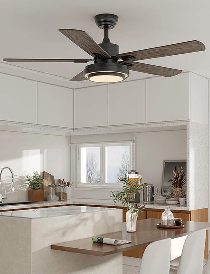 warmiplanet Ceiling Fans with Lights and Remote Control, 52 Inch, 6 Speeds Reversible DC Motor, 3 Color Dimmable Light, Timer, Noiseless, Black, 5 Blades