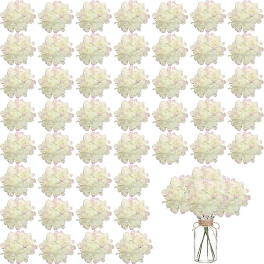 100PCS Artificial Hydrangea Flowers, Fake Flowers Silk Hydrangea Full Flowers Heads with Stems for Wedding Home Party Shop Baby Shower Decor (Ivory Pink)