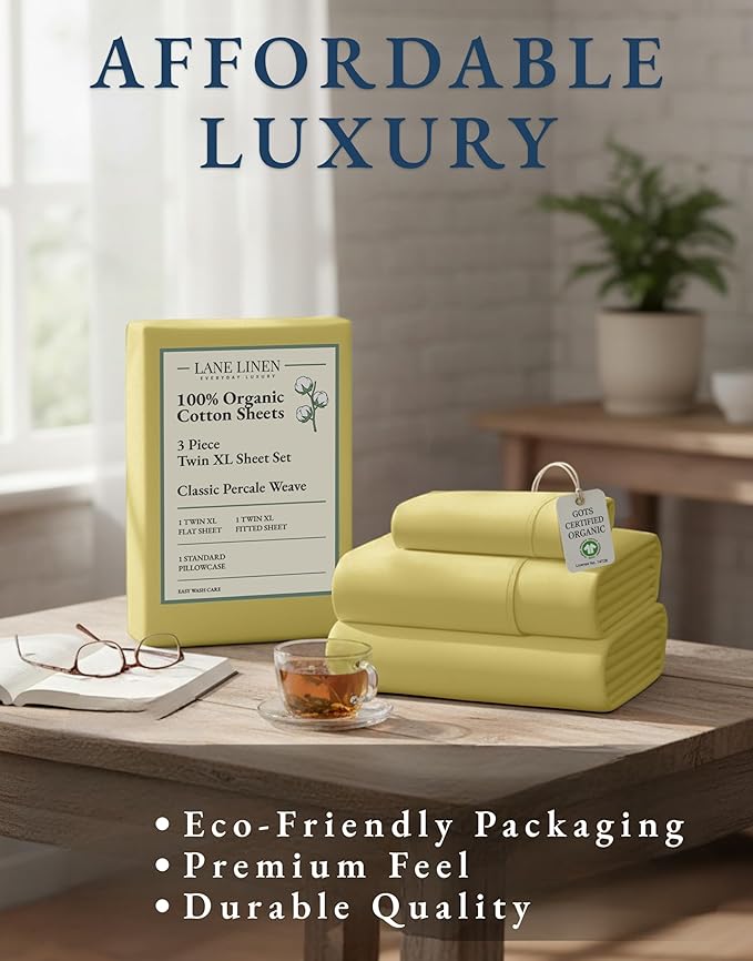 LANE LINEN Eco Friendly 100% Organic Cotton Fully Elasticized Twin XL Sheet Set, Low Pilling Fade Resistant Machine Washable Extra Long Twin Bedding Set, Soft & Comfy Cotton Sheets- Cocoon