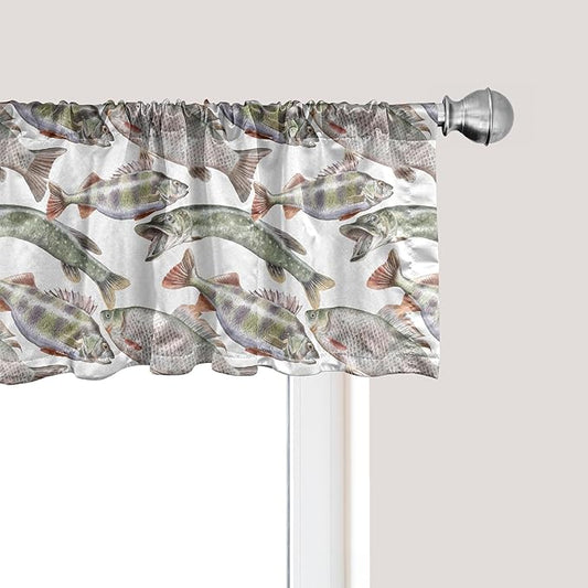 Ambesonne Fishes Window Valance, Watercolor Common Carp Perch and Bass Freshwater Animals Themed Seafood Drawing, Curtain Valance for Kitchen Bedroom Decor with Rod Pocket, 54" X 12", Pale Blue Grey