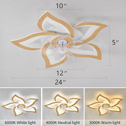 24" Wooden Geometric Ceiling Fan with Lights Remote Control, 3 Light Color 6 Speeds Low Profile Flush Mount Ceiling Fan for Kitchen Bedroom Living Room