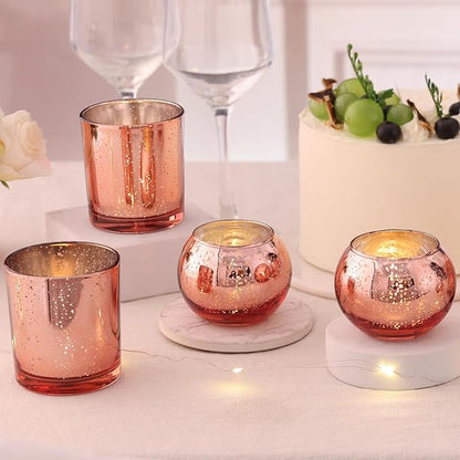 20 Pcs Assorted Rose Gold Candle Holders Bulk, Rose Gold Birthday Decorations for Table, Larger Size Mercury Glass Candle Holders for Wedding, Votive Holders for Valentines, Bridal Shower