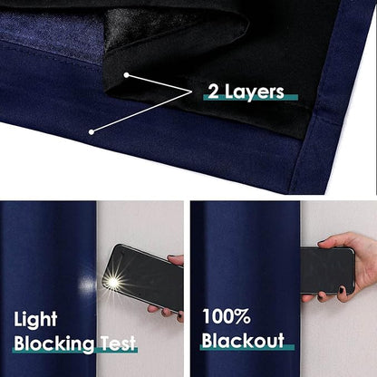 ChrisDowa 100% Blackout Curtains for Bedroom with Black Liner, 2 Thick Layers Total Blackout Thermal Insulated Grommet Window Curtains 2 Panels Set (Navy Blue, 52 x 63 Inch)
