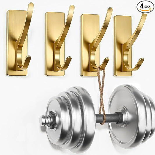 pickpiff Self Adhesive Coat Hooks for Hanging, Heavy Duty Stainless Double Wall Hook for Towel, Backpack, Hat, Sturdy Metal Hanger for Bathroom, Bedroom, Door, Wall Mounted, 4-Pack, Brushed Gold