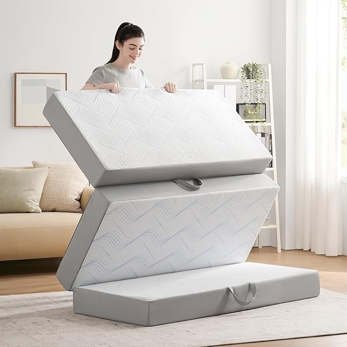 Foldable Mattress Queen 3 inch -Portable White Memory Foam Folding Matress with Washable Cover for Camping Travel Guest Room Home Use-Non-Slip&Easy Storage