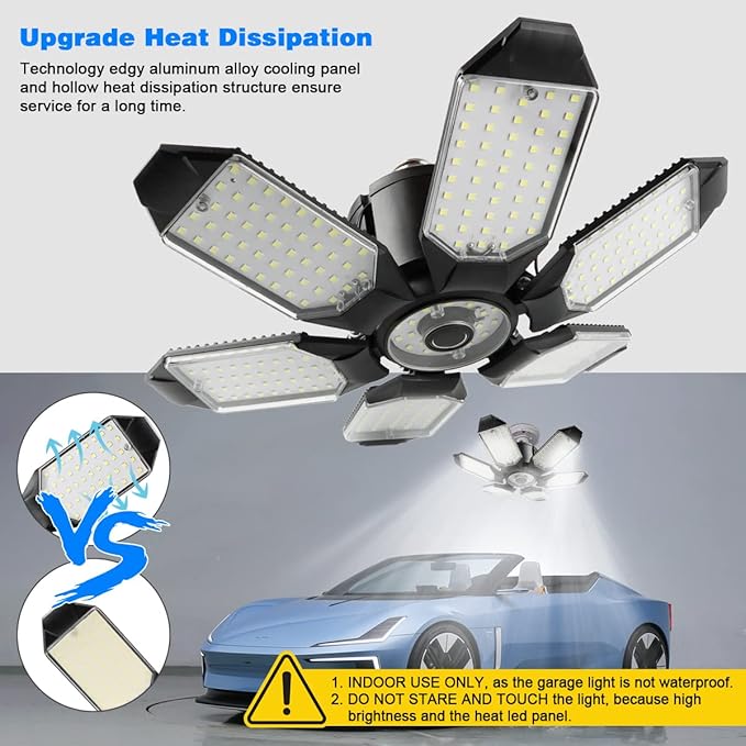 Garage Lights - 2Pack Super Bright 32000LM LED Garage Ceiling Light 6500K LED Shop Light w/ 6 Deformable Panels Screw in E26/E27 Socket Light Bulbs for Workshop Storage Warehouse Attic