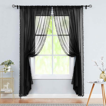 Treatmentex Black Sheer Curtains for Living Room 95" Linen Texture Chic Curtain Panels Pom Pom Trimmed Voile Drapes for Bedroom Office Children's Room 2pcs