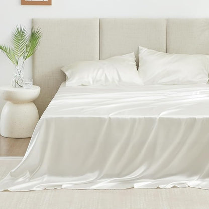Love's cabin Satin Queen Sheets Set - 4 Piece Ivory Silky Bed Sheets with Deep Pocket, Luxury Silk Feel Satin Queen Size Sheet Set (1 Flat Sheet,1 Fitted Sheet,2 Pillow Cases)