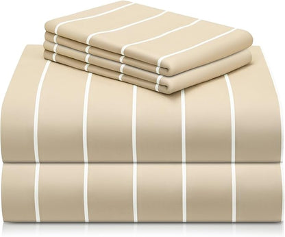 LuxClub 4 PC Queen Size Sheet Set Bed Sheets, Breathable Luxury Deep Pockets Wrinkle Free Cooling Sheets Machine Washable Hotel Bedding (Queen, Striped Cream)