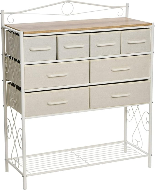 Household Essentials Victorian Style 8-Drawer and Bottom Shoe Shelf Storage Organizer Unit, White and Coastal Oak Color