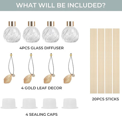 4Pcs Reed Diffuser Set with Metal Golden Decoration, 3.5oz Empty Reed Diffuser Bottles with 20Pcs Reed Diffuser Sticks, Unique Design Bottles for Home and Office(Twill)