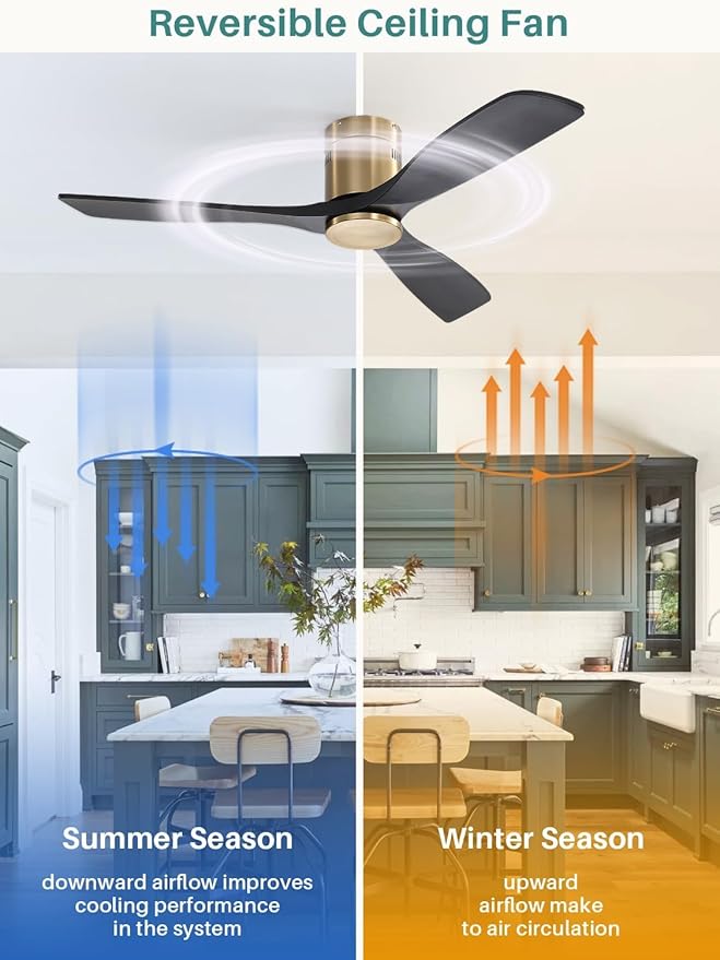 Sofucor 52 Inch Smart Ceiling Fan Without Lights Flush Mount Solid Wood Ceiling Fan with Alexa/Google Assistant/APP/Remote Control-Modern Outdoor Ceiling Fans No Light for Bedroom/Patio, Black Gold