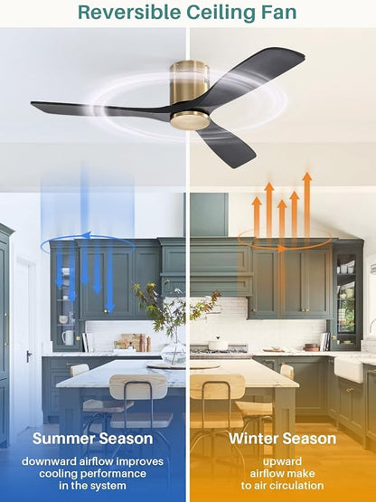 Sofucor 52 Inch Smart Ceiling Fan Without Lights Flush Mount Solid Wood Ceiling Fan with Alexa/Google Assistant/APP/Remote Control-Modern Outdoor Ceiling Fans No Light for Bedroom/Patio, Black Gold