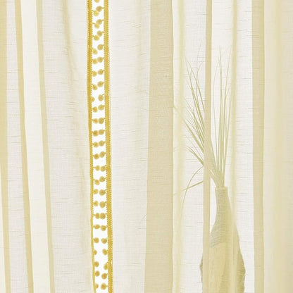 Treatmentex Yellow Sheer Curtains for Living Room 95" Linen Texture Pom Pom Trimmed Voile Drapes for Children's Room 2 Panels