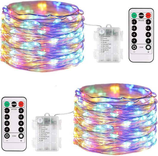 JMEXSUSS 2 Pack Multicolor Fairy Lights Battery Operated, Total 200 LED 66ft Indoor Christmas Twinkle Lights with Remote, 8 Modes Multicolor String Lights for Bedroom Wedding Birthday Party