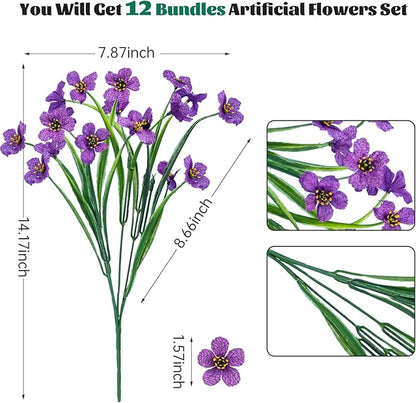 Lnoicy 12 Pcs Artificial Flowers for Outdoor,Plastic Flowers Decoration, UV Resistant Faux Flowers Shrubs, Artificial Plants for Indoor Outside Garden Home Wedding Farmhouse（Purple）