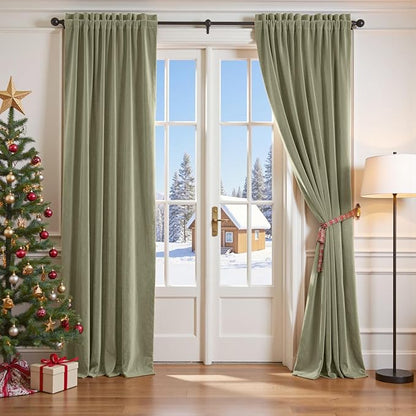 Lazzzy Velvet Blackout Curtains Thermal Insulated Room Window Drapes Super Soft Luxury Curtains for Living Room Bedroom Rod Pocket 2 Panels, Olive Sage, 42" W x 84" L