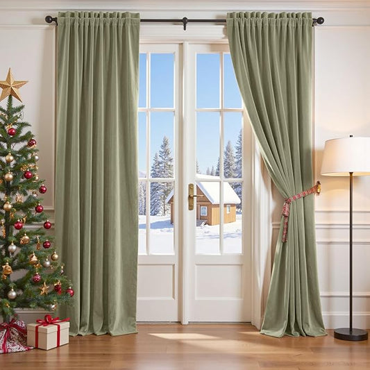 Lazzzy Velvet Blackout Curtains Thermal Insulated Room Window Drapes Super Soft Luxury Curtains for Living Room Bedroom Rod Pocket 2 Panels, Olive Sage, 52" W x 120" L