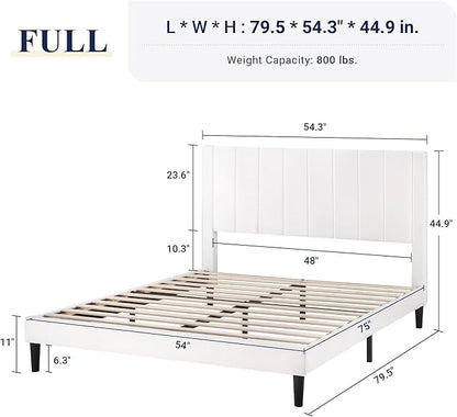 Allewie Full Bed Frame/Velvet Upholstered Bed Frame with Vertical Channel Tufted Headboard/Strong Wooden Slats/Platform Bed Frame/Mattress Foundation/Box Spring Optional/Easy Assembly/White