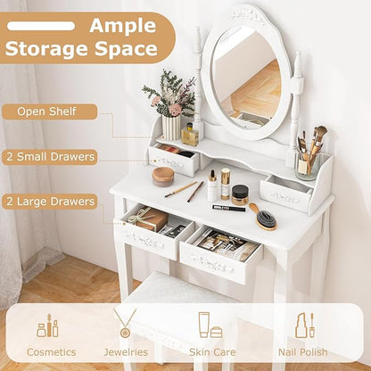 Giantex Girls Vanity Desk with 4 Drawers, White Makeup Vanity Table with Mirror and Cushioned Stool, Rose Shaped Knobs, Modern Bedroom Dressing Table for Small Place Apartment